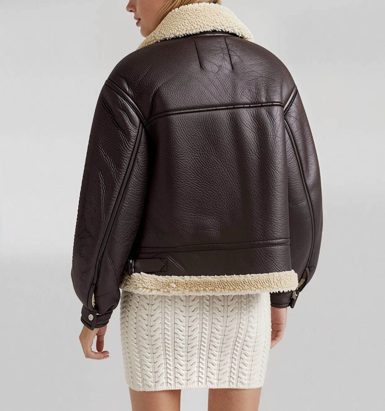 Women’s Aviator Leather Jacket with Shearling Fur – Brown