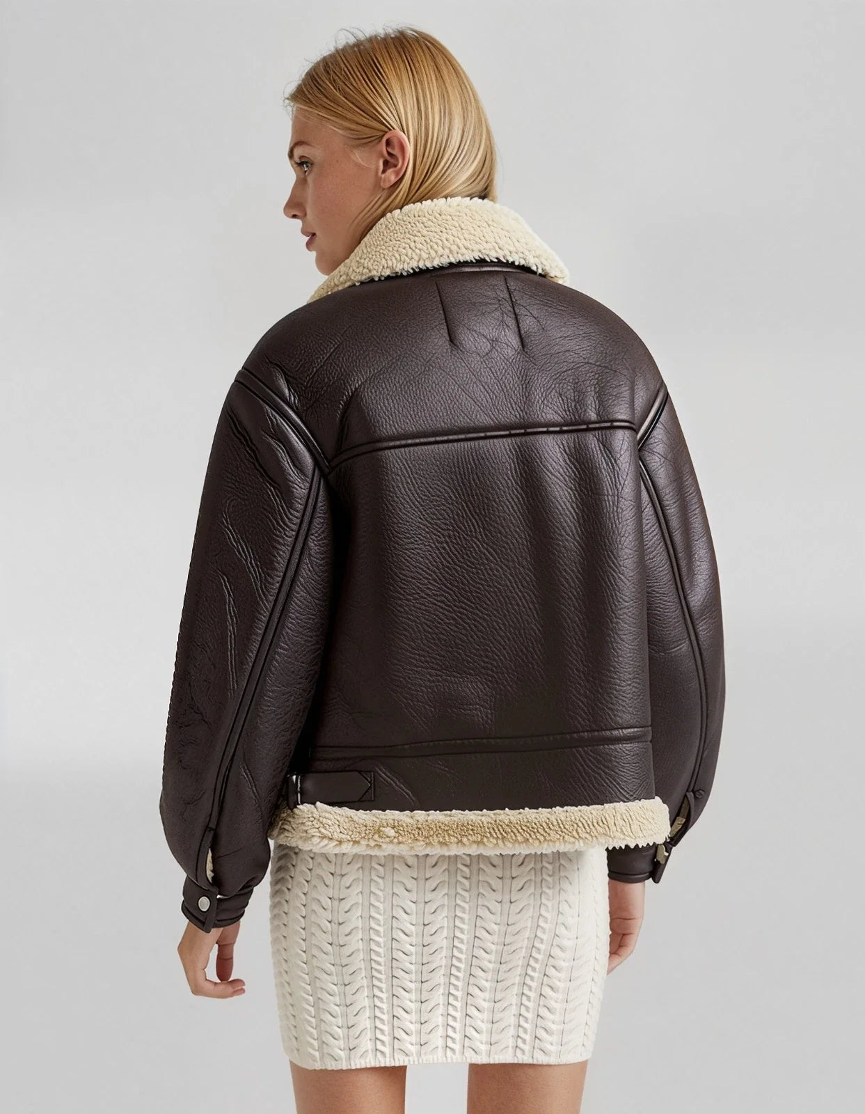 Women’s Aviator Leather Jacket with Shearling Fur – Brown