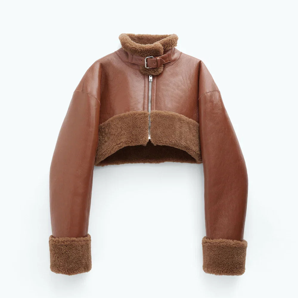 Women’s Brown cropped Short Length Shearling Aviator Leather Jacket