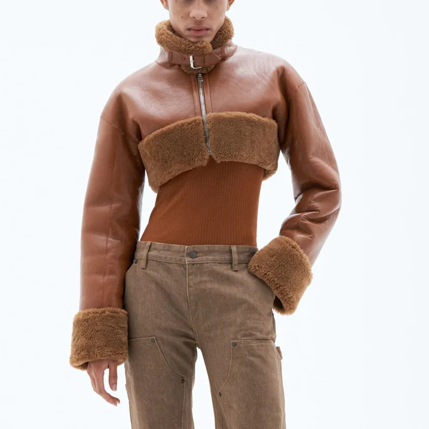 Women’s Brown cropped Short Length Shearling Aviator Leather Jacket