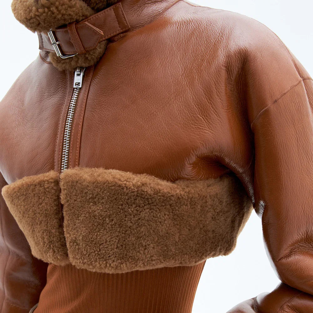 Women’s Brown cropped Short Length Shearling Aviator Leather Jacket