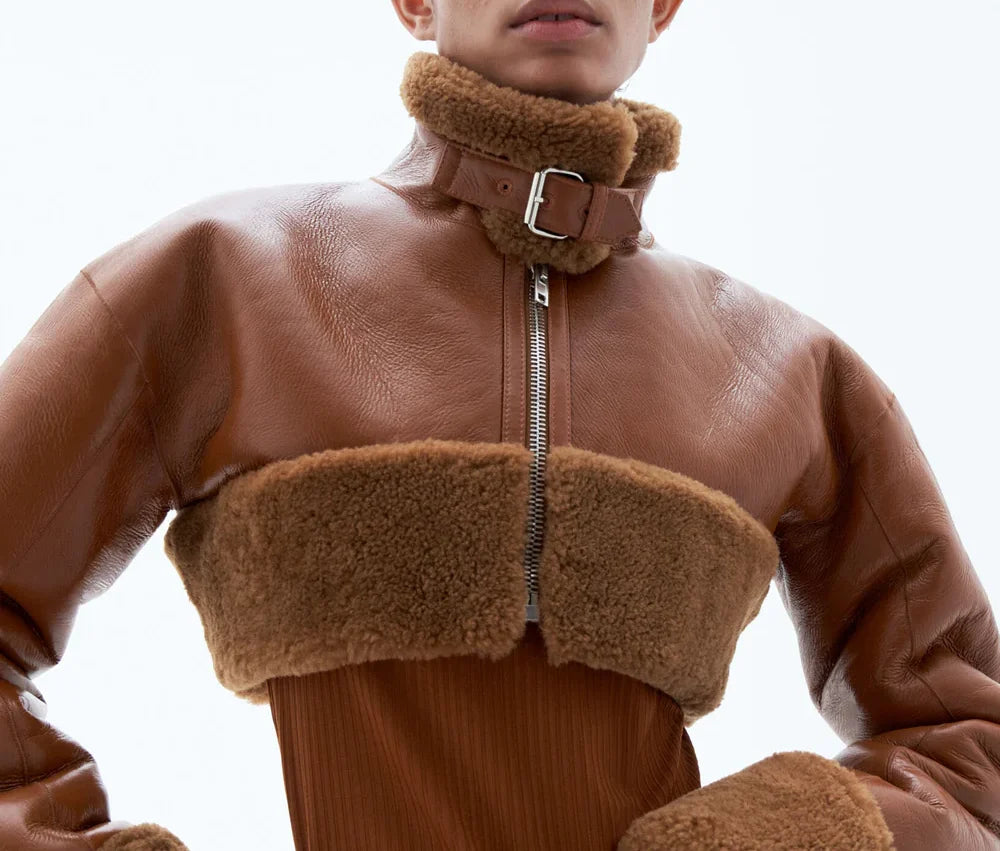 Women’s Brown cropped Short Length Shearling Aviator Leather Jacket