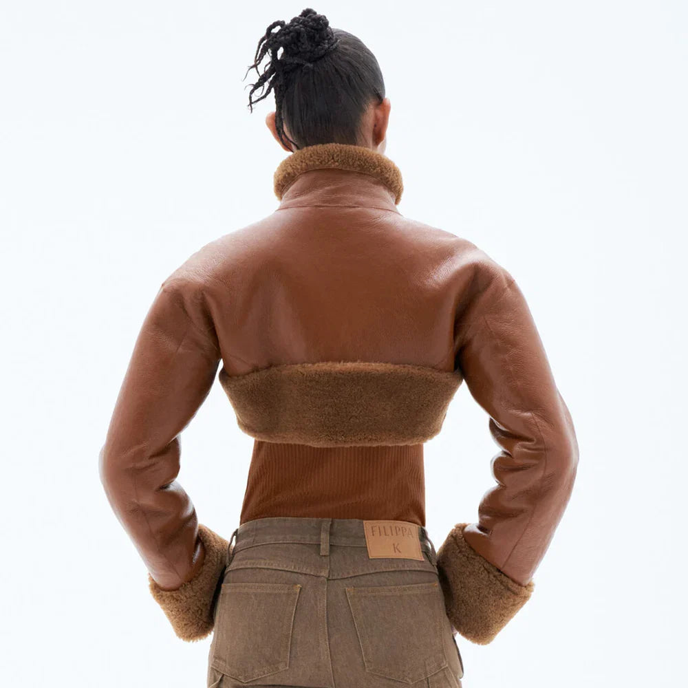 Women’s Brown cropped Short Length Shearling Aviator Leather Jacket