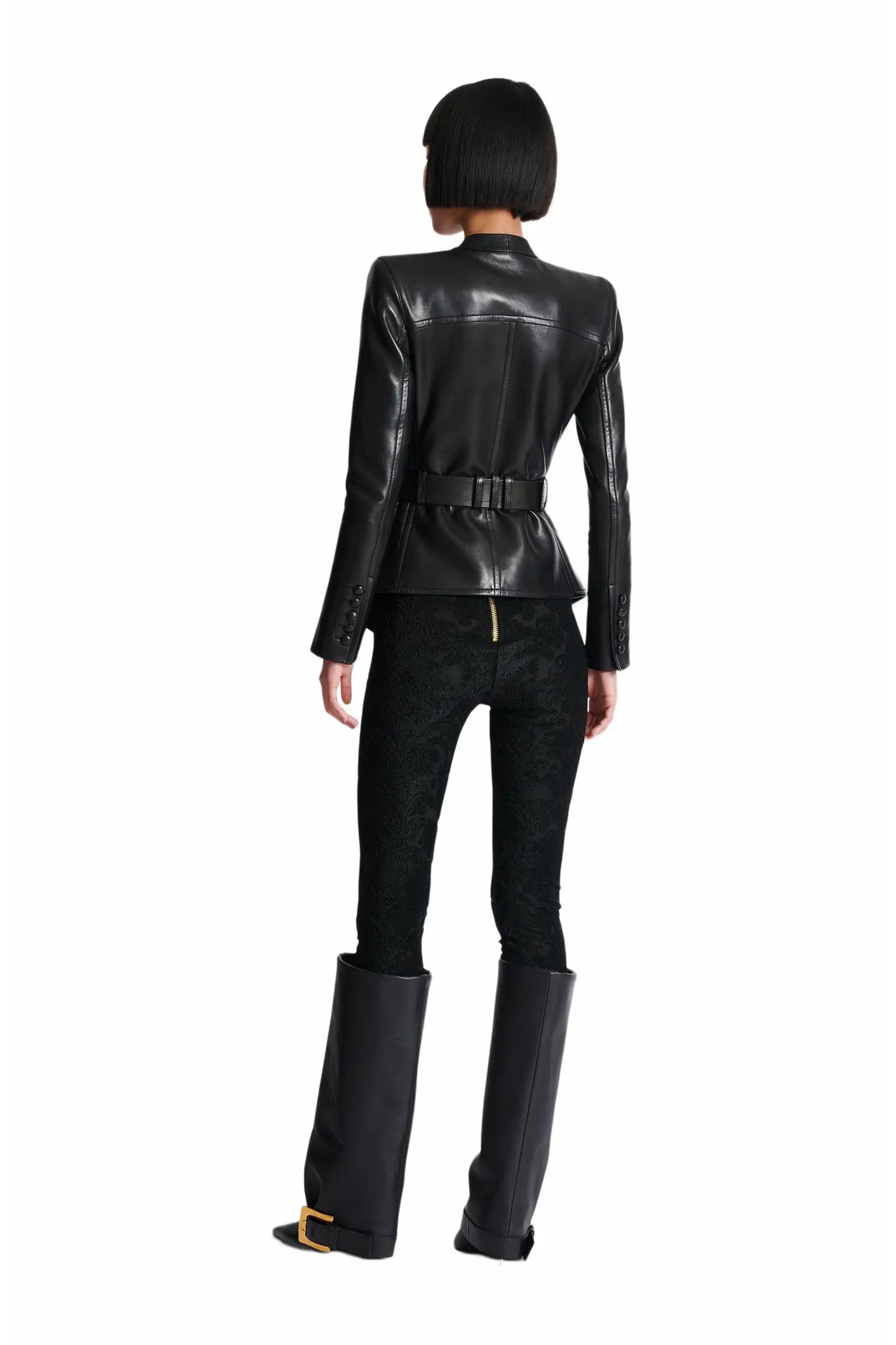 Black Leather Blazer with Gold Belt