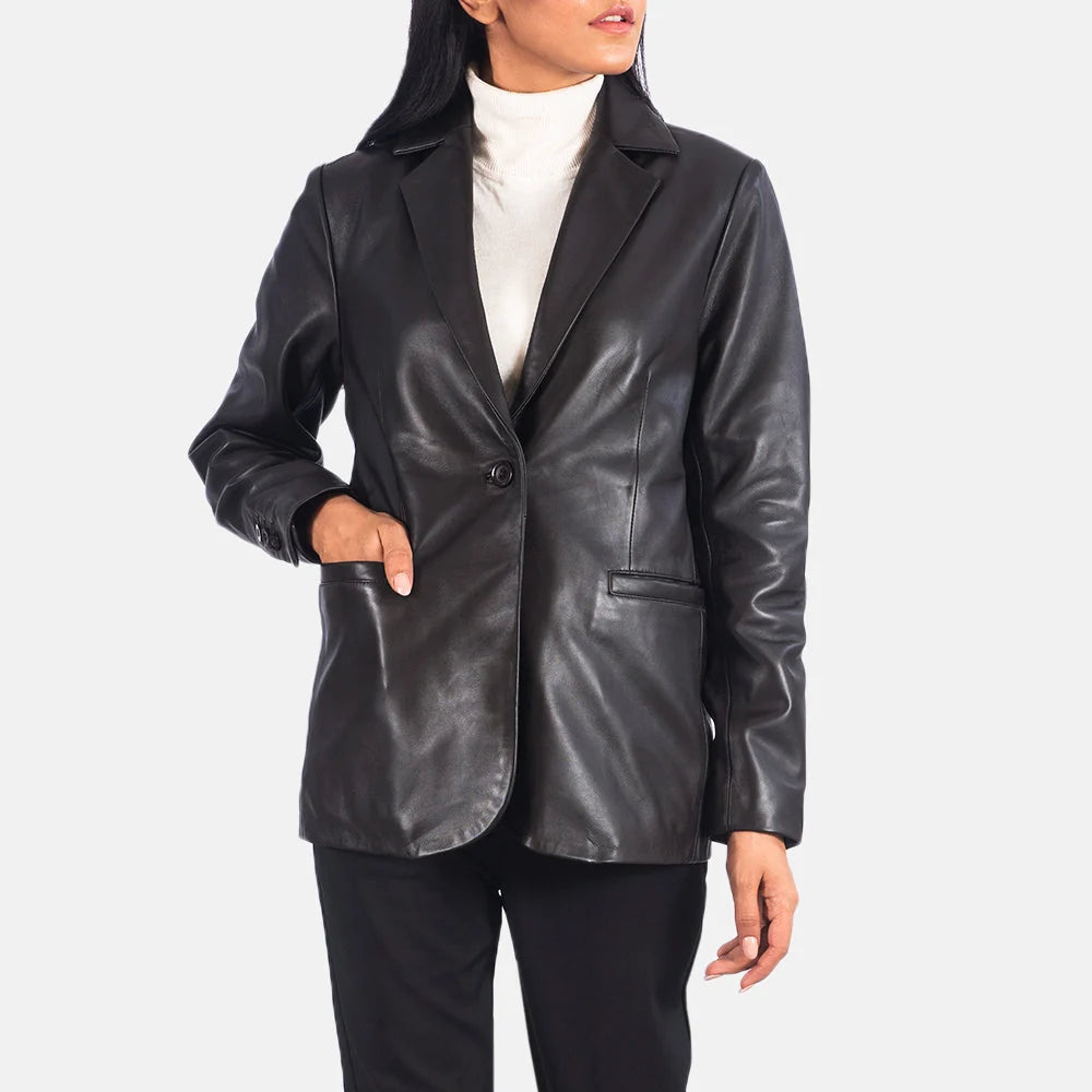 Norma Black Leather Blazer for Women | Premium Genuine Leather Blazer