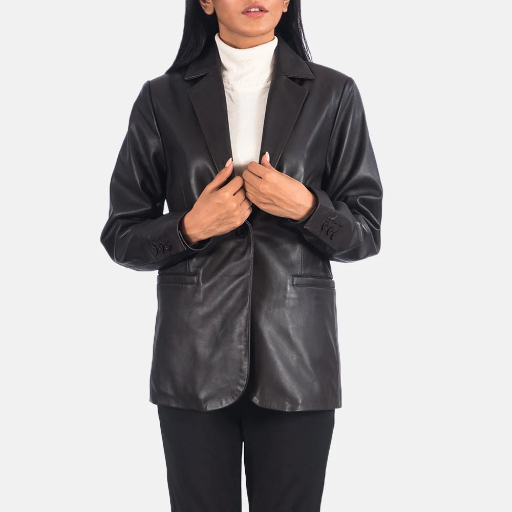 Norma Black Leather Blazer for Women | Premium Genuine Leather Blazer
