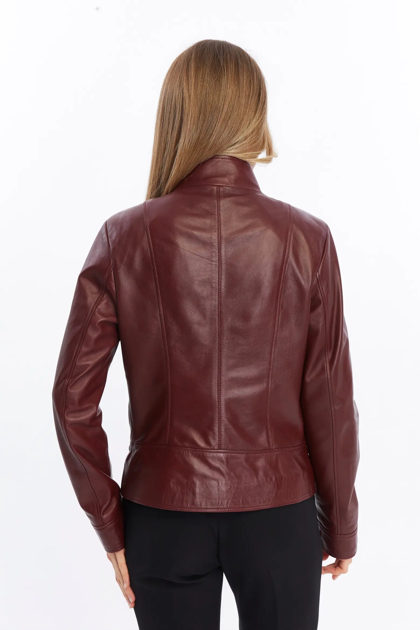 Women’s Maroon Leather Jacket – Stylish Zip-Up Jacket