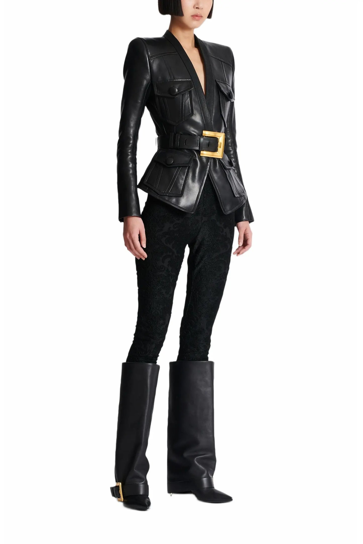 Black Leather Blazer with Gold Belt