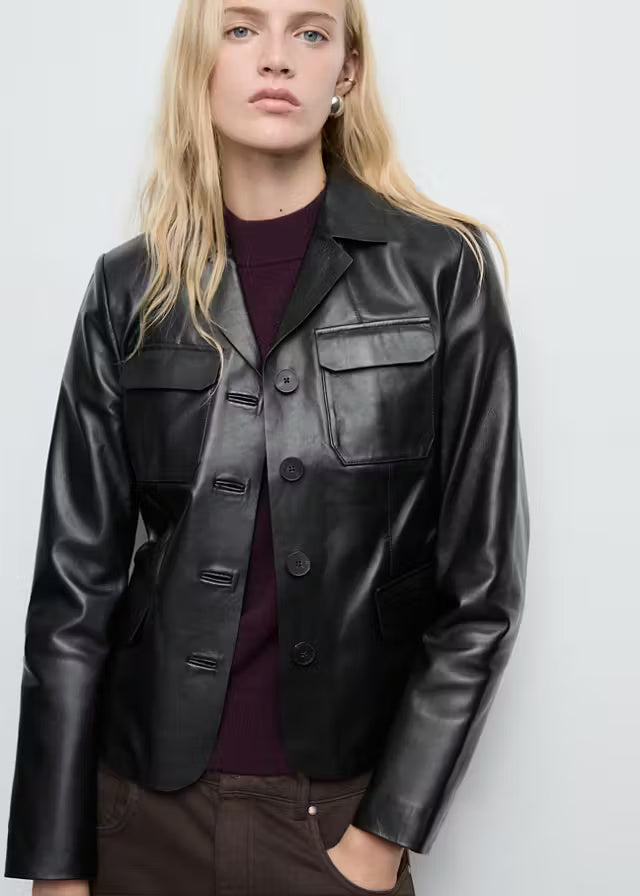 Women’s Black Leather Blazer Jacket | Classic Tailored Style
