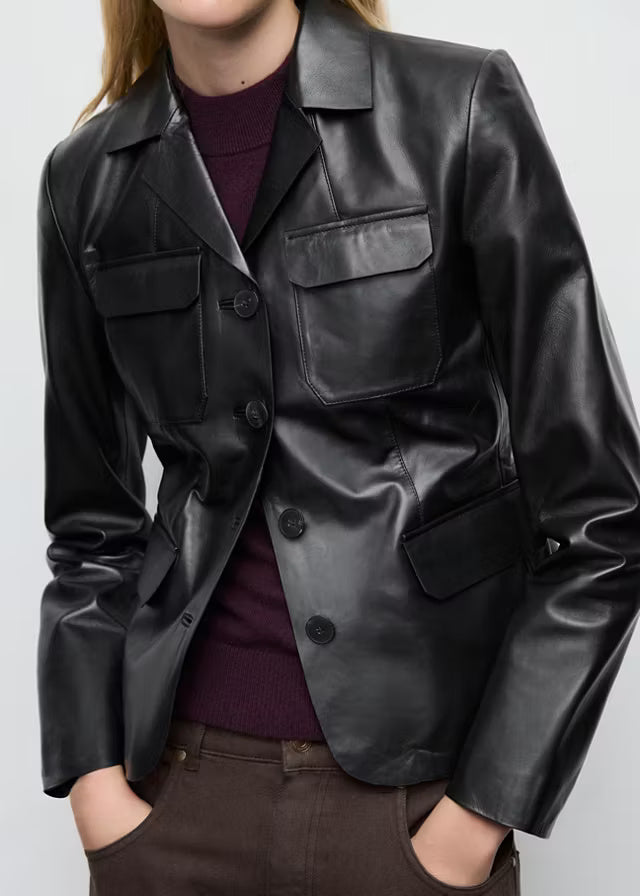 Women’s Black Leather Blazer Jacket | Classic Tailored Style