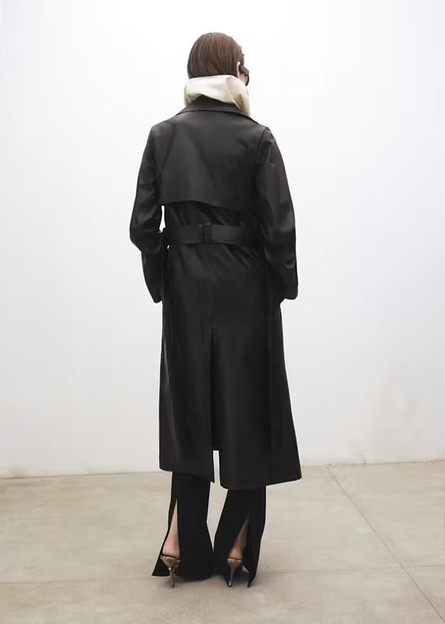 Women’s Black Leather Trench Coat | Classic Longline Belted Coat