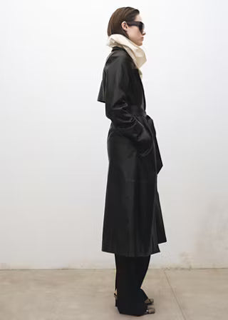 Women’s Black Leather Trench Coat | Classic Longline Belted Coat