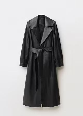 Women’s Black Leather Trench Coat | Classic Longline Belted Coat