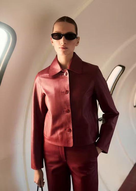 Women’s Red Button-Down Leather Jacket | Stylish Classic Leather Shirt Jacket
