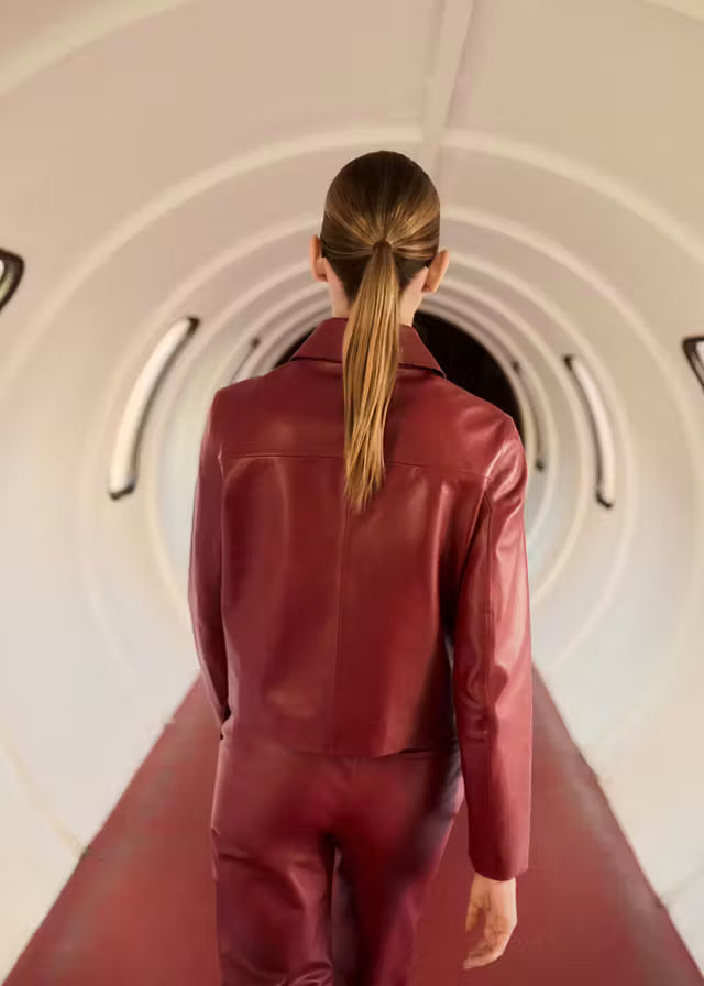Women’s Red Button-Down Leather Jacket | Stylish Classic Leather Shirt Jacket
