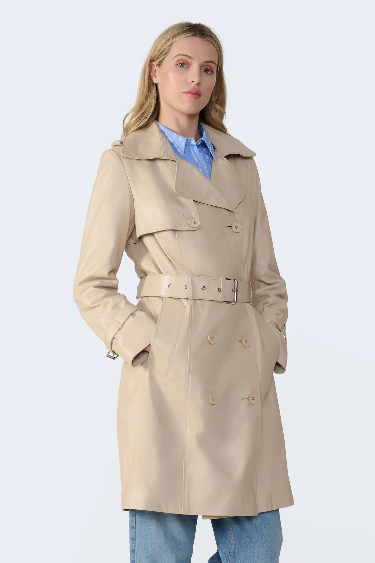 Women’s Off-White Leather Trench Coat – Elegant & Timeless Style