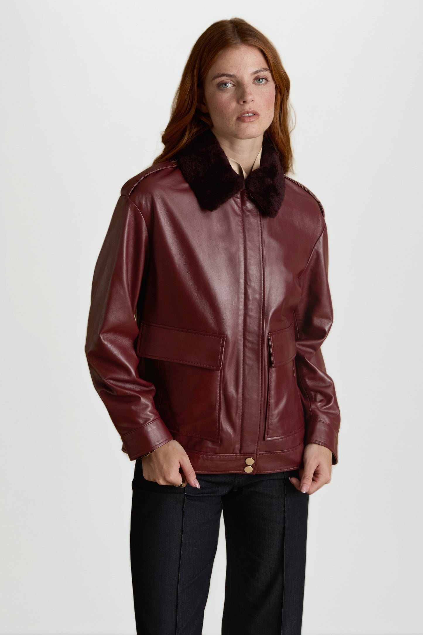 Women’s Maroon Leather Bomber Jacket – Classic Zip-Up Style