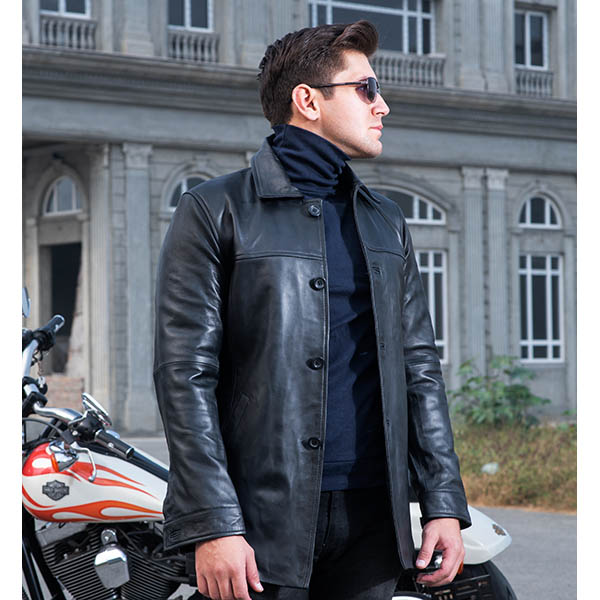 Men’s Black Leather Button-Down Jacket – Classic Casual Style