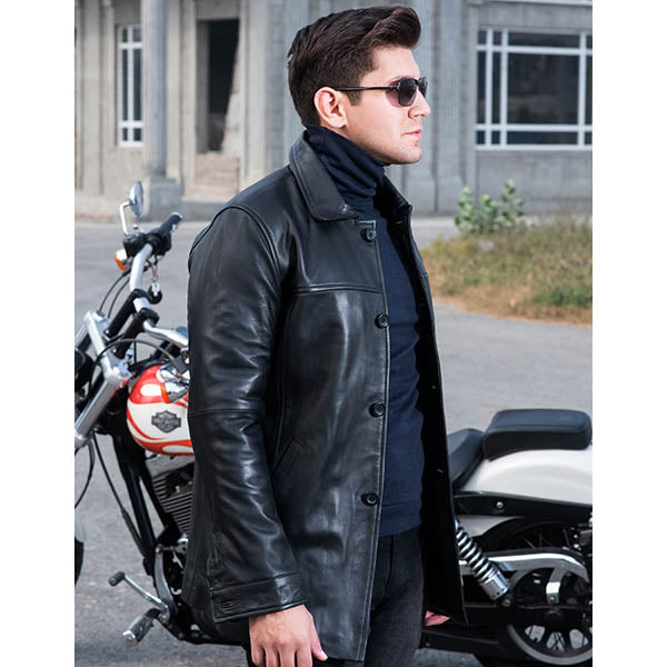 Men’s Black Leather Button-Down Jacket – Classic Casual Style