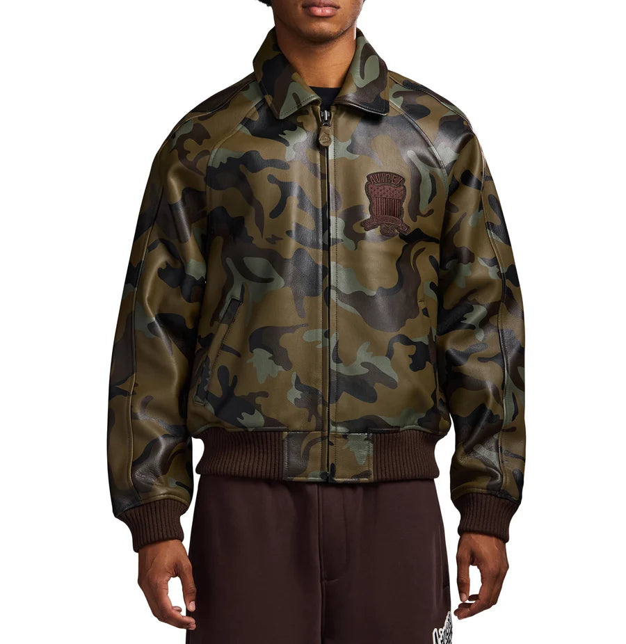 Men’s Camo Leather Bomber Jacket – Military Style Goat Leather Aviator Jacket