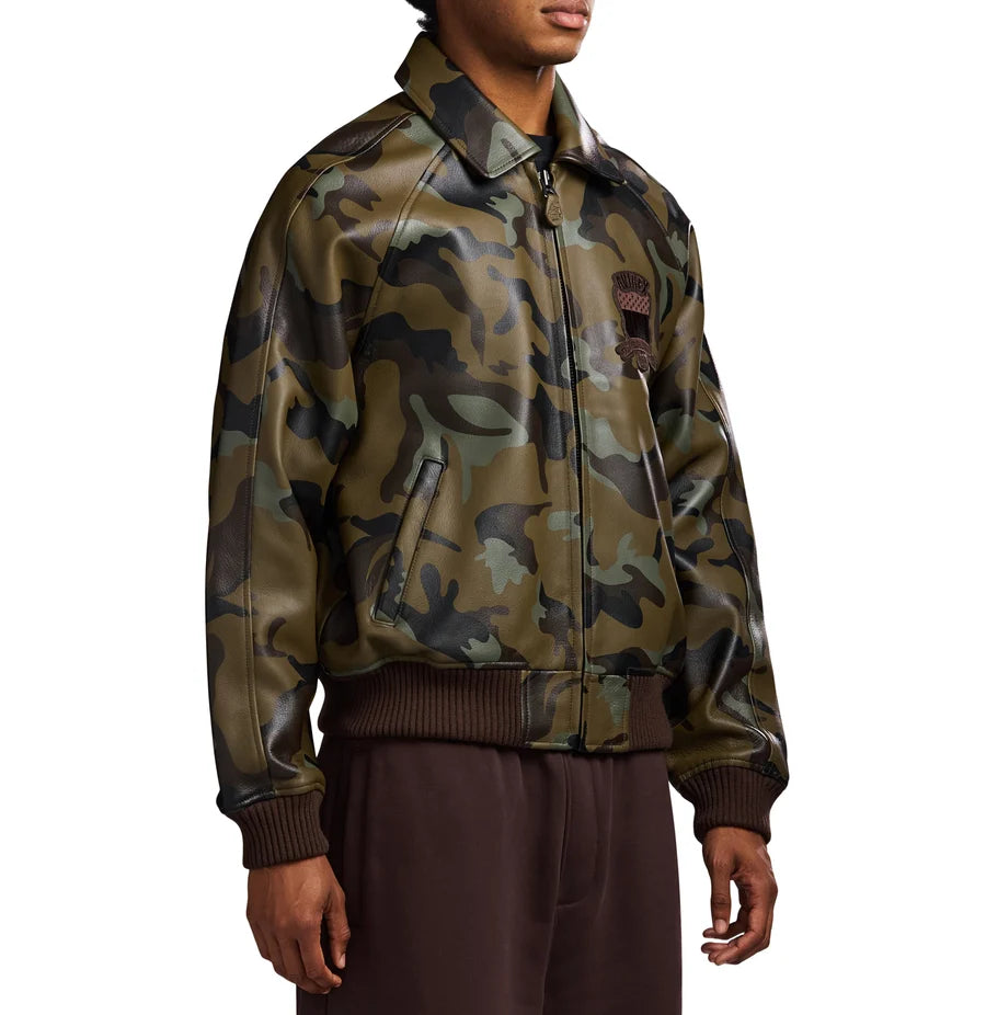 Men’s Camo Leather Bomber Jacket – Military Style Goat Leather Aviator Jacket