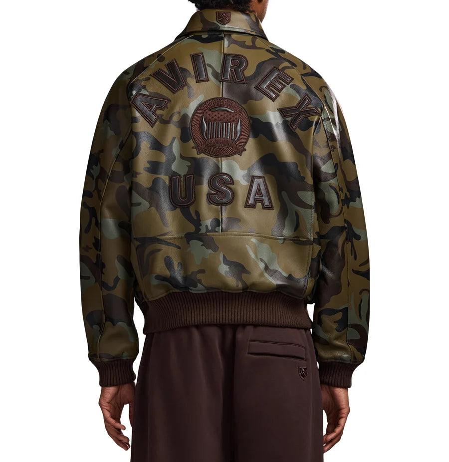 Men’s Camo Leather Bomber Jacket – Military Style Goat Leather Aviator Jacket