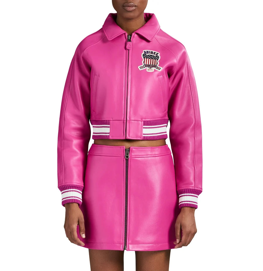 Women’s Pink Cropped Leather Jacket – Aviator Inspired Biker Jacket
