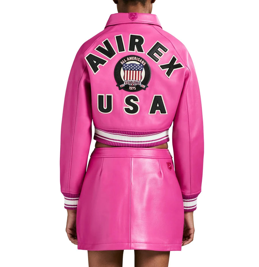 Women’s Pink Cropped Leather Jacket – Aviator Inspired Biker Jacket