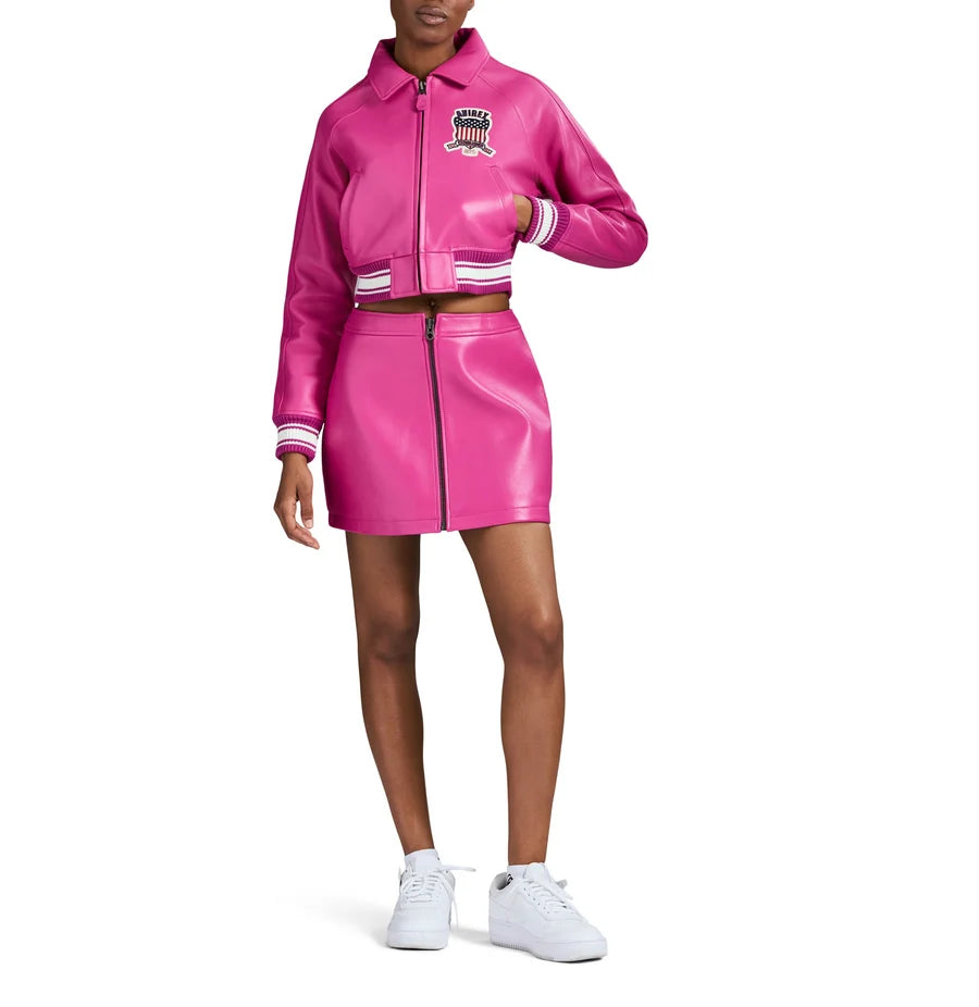 Women’s Pink Cropped Leather Jacket – Aviator Inspired Biker Jacket