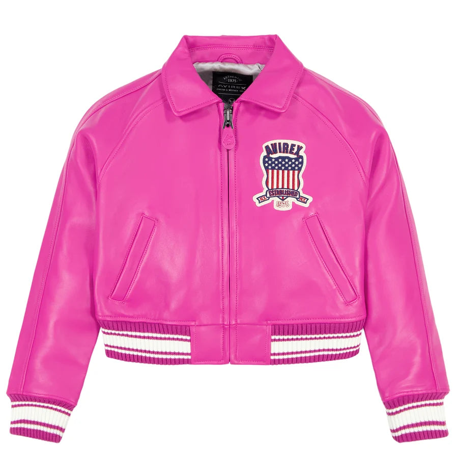 Women’s Pink Cropped Leather Jacket – Aviator Inspired Biker Jacket