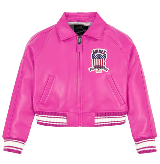 Women’s Pink Cropped Leather Jacket – Aviator Inspired Biker Jacket
