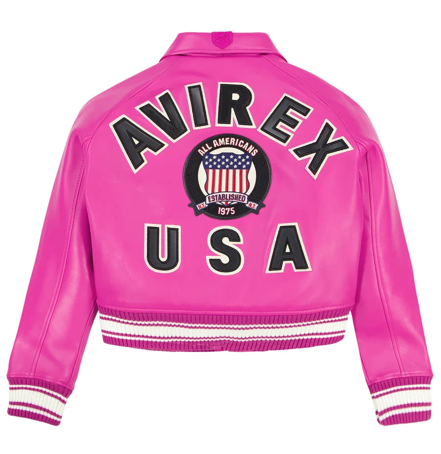 Women’s Pink Cropped Leather Jacket – Aviator Inspired Biker Jacket