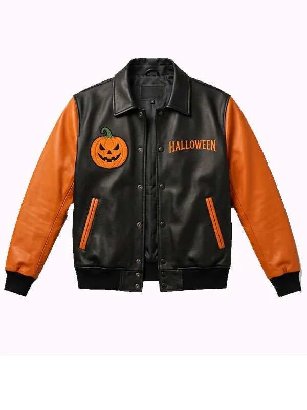 Black & Orange Pumpkin Patch Leather Jacket | Halloween Biker Jacket