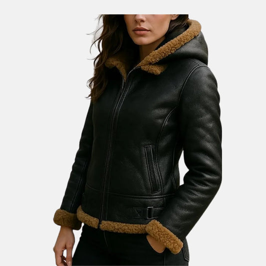 Black Women's Fur Shearling Hoodie Leather Jacket | Premium Genuine Leather Winter Jacket
