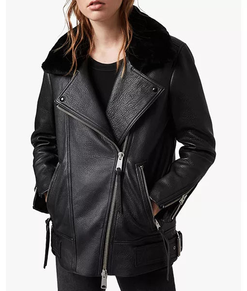 Women’s Shearling Aviator Leather Jacket – Black Fur