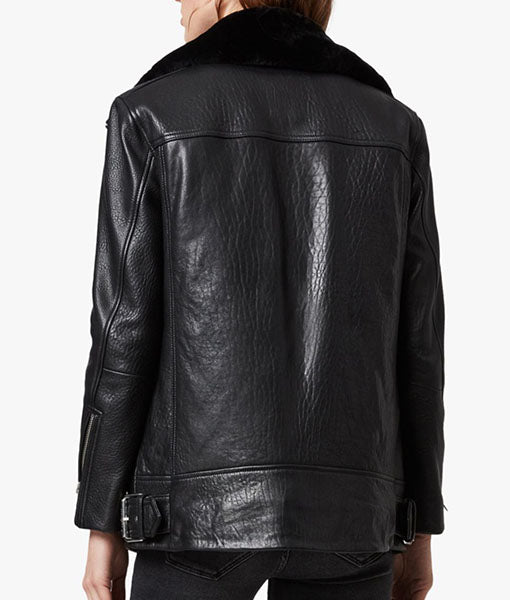 Women’s Shearling Aviator Leather Jacket – Black Fur