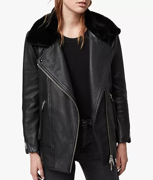 Women’s Shearling Aviator Leather Jacket – Black Fur