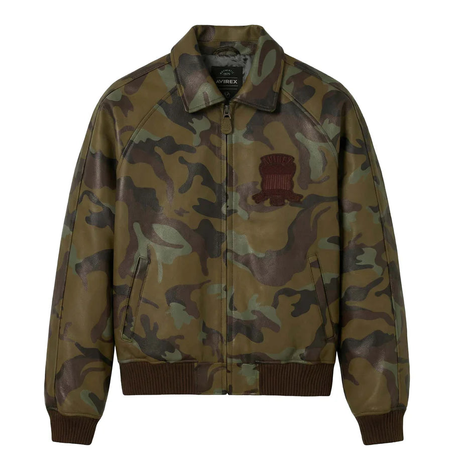 Men’s Camo Leather Bomber Jacket – Military Style Goat Leather Aviator Jacket