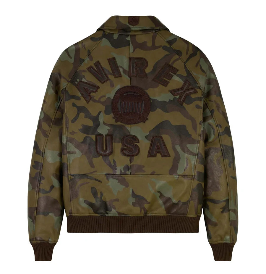 Men’s Camo Leather Bomber Jacket – Military Style Goat Leather Aviator Jacket