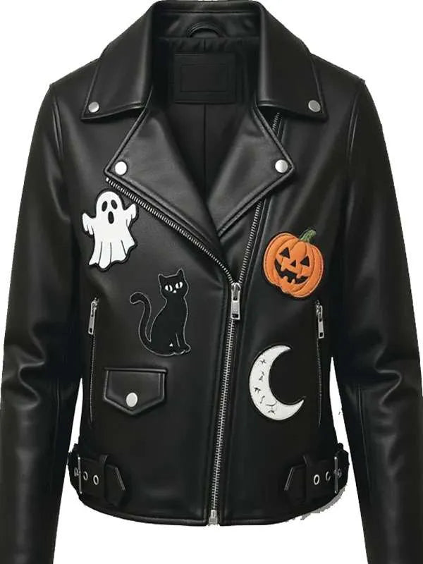 Halloween Black Trucker Leather Jacket | Spooky Leather Jacket