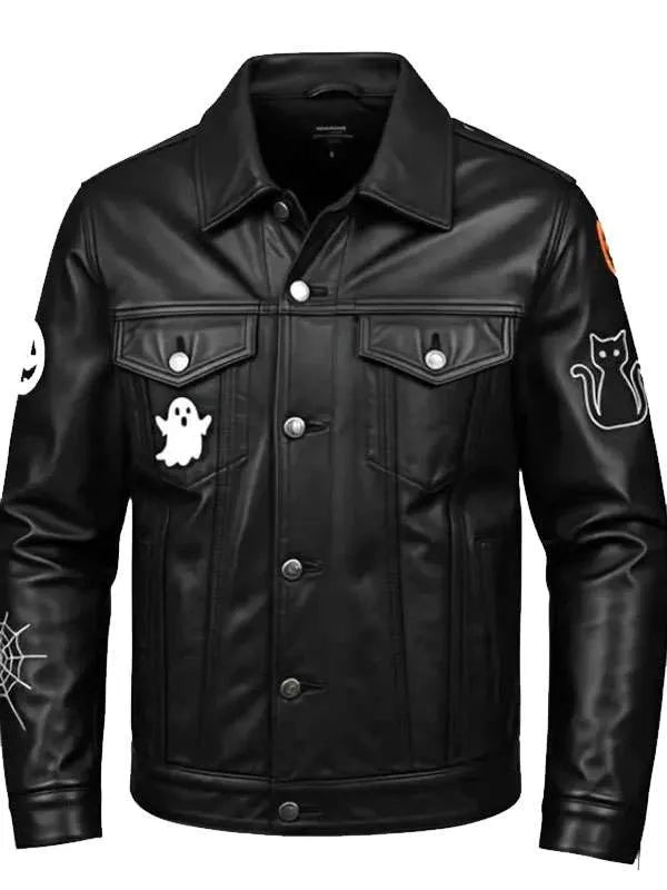 Halloween Black Trucker Leather Jacket | Spooky Leather Jacket
