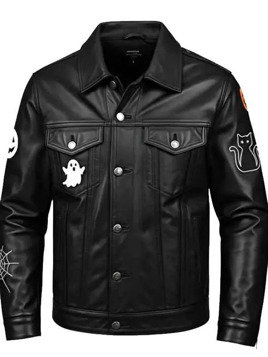 Halloween Black Trucker Leather Jacket | Spooky Leather Jacket