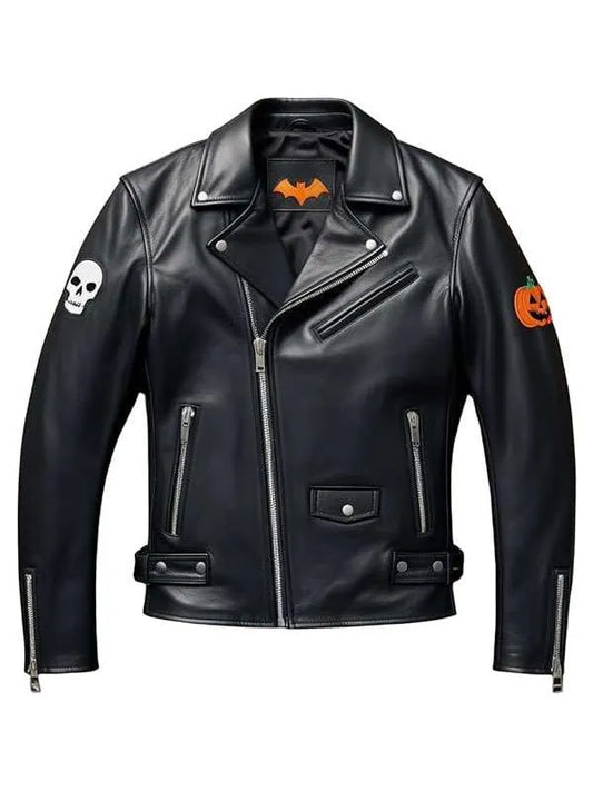 Halloween Patches Leather Jacket | Spooky Biker Jacket