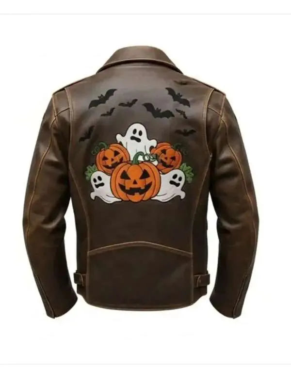 Spooky Ghost & Pumpkin Patches Brown Leather Jacket | Halloween Biker Jacket