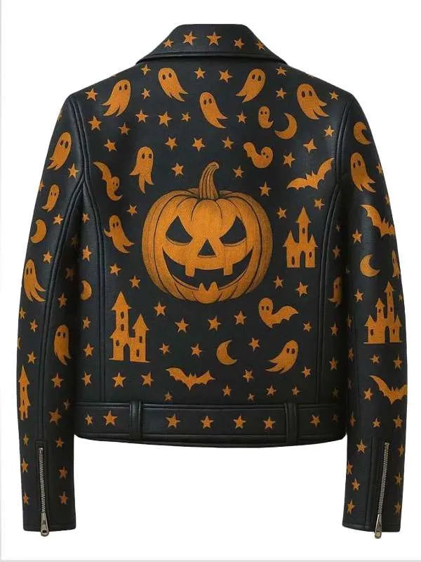 Halloween Ghost & Pumpkin Black Leather Jacket | Spooky Biker Jacket