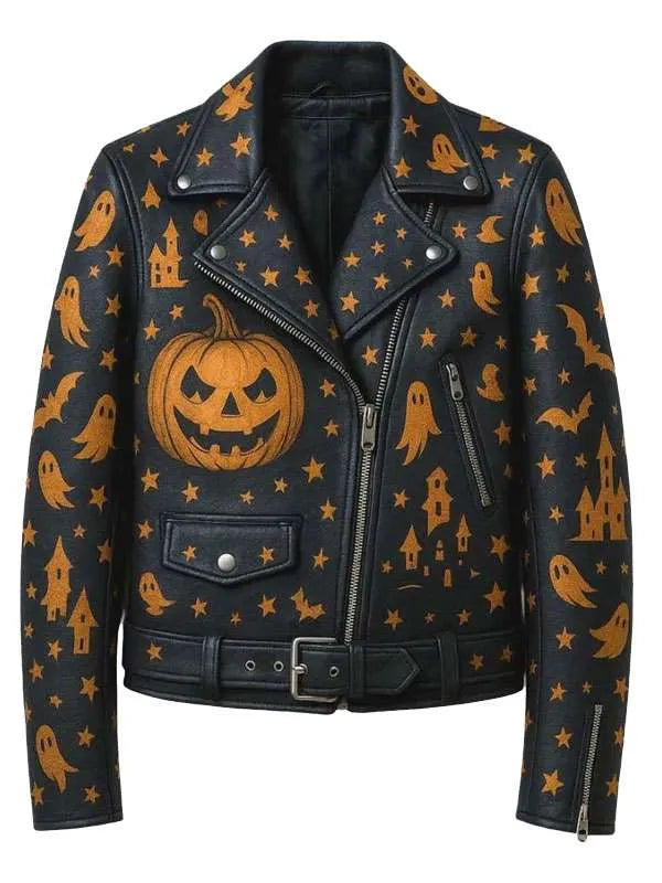 Halloween Ghost & Pumpkin Black Leather Jacket | Spooky Biker Jacket