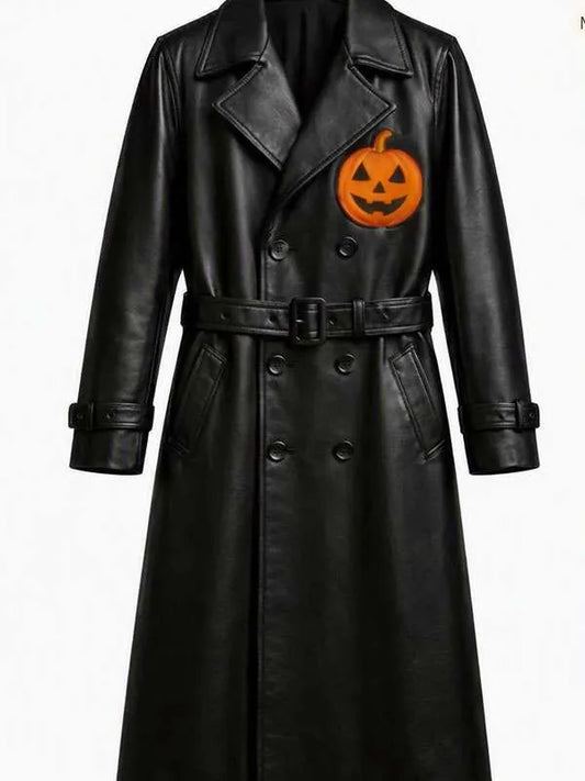 Halloween Pumpkin Black Leather Trench Coat | Gothic Long Coat