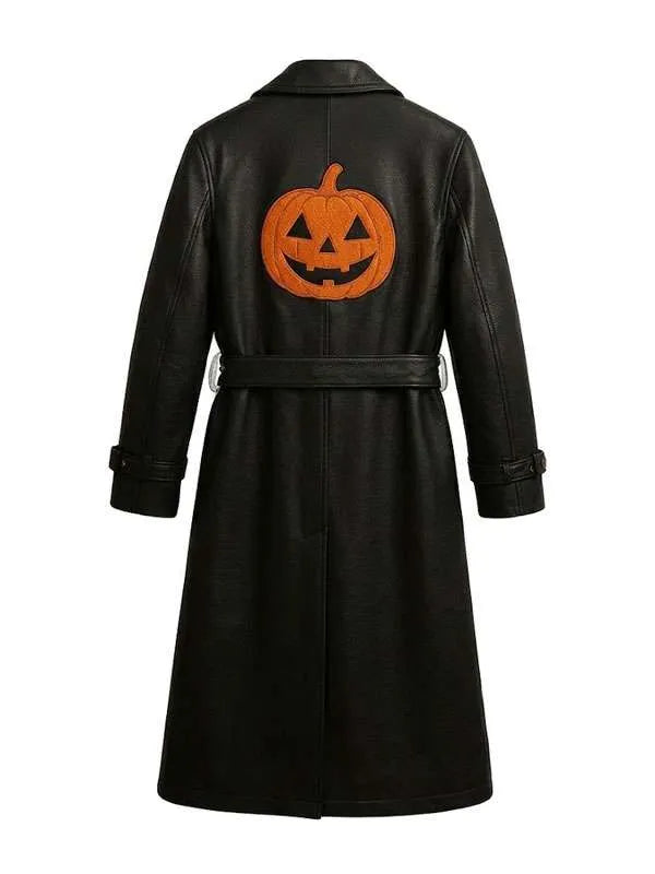 Halloween Pumpkin Black Leather Trench Coat | Gothic Long Coat
