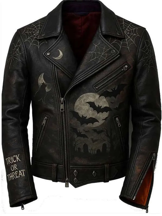 Trick or Treat Halloween Leather Jacket | Spooky Biker Jacket