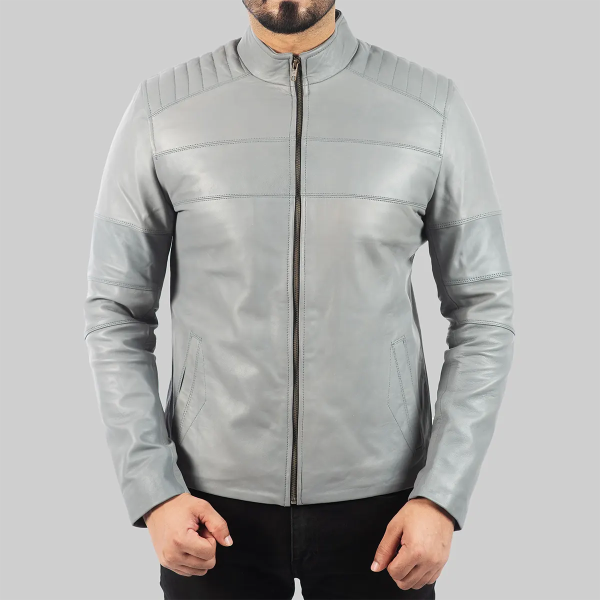 Men’s Grey Leather Biker Jacket – Classic Motorcycle Style